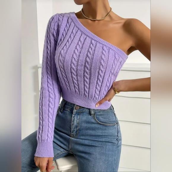 Sweaters - New!  One-Shoulder Cable Knit Sweater - Purple